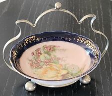 Vintage basket bowl Server Condiments handpainted Blue Pink  handled holder  picture