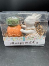 Salt and Pepper Shakers White Bunny Rabbit Reaching for Carrot 3.5” Easter -Cute picture