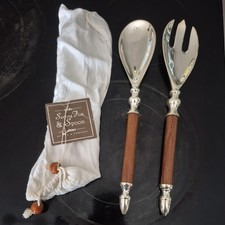 Two's Company Serving Set Silver Plated Fork Spoon XL New In Bag Wooden Handles picture
