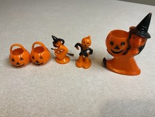 Vintage 1950s Rosbro Hard Plastic Halloween Lot Witch Pumpkin Candy Containers picture