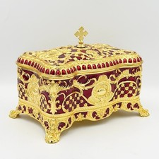 Orthodox Reliquary Box, Gold Tone Relic Casket with Red Enamel and Velvet picture