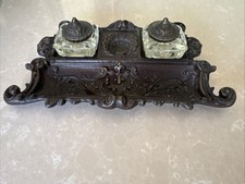 Vintage Brass Double Inkwell Desktop Ink Desk Set picture