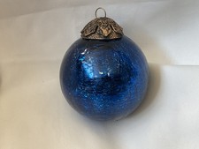VINTAGE KUGEL STYLE COBALT BLUE 3”  CRACKLE GLASS CHRISTMAS ORNAMENT METAL CAP picture