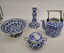 Vintage Thailand Blue White Floral Porcelain Tea Set Brass Handle Teapot No Lid picture