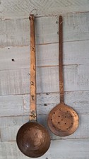 Vtg. French Hammered Copper Lg. 3/4 Cup LADLE and STRAINER Kitchen Tools picture