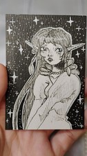 ACEO Original 2.5x3.5 Fantasy Starry Elf Woman Artist Trading Card Collectible picture