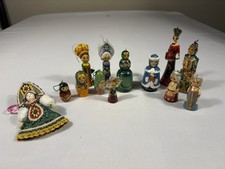VTG  13 Russian Hand Carved& Painted Folk Art Wood Figurine Ornaments picture