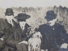 Antique 1900s Art Nouveau Studio Photo Men in Bowler Hats with Dog Outdoor Scene picture