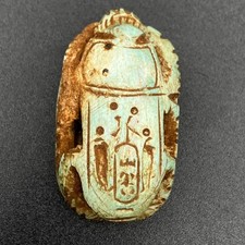 Vintage Egyptian Scarab Beetle Amulet Faience Hieroglyphics Faded Blue 1.8