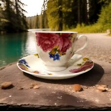 Beautiful Pink Blue Flower Shades Bone China Tea Cup And Saucer Made In India picture