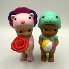 Authentic Sonny Angels 2pc Figurines Set Multicolor Animal Hats w/ Rose & Ball picture