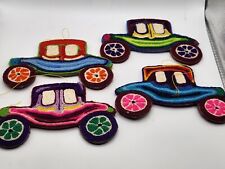 Lot Of 4 Vintage Huichol Mexican Yarn Folk Art Retro Car Ornaments Double Sided picture