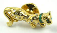 Vintage Signed Salo Cat Brooch Pin Gold Tone White Green Rhinestones Enamel picture