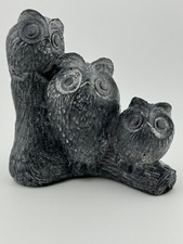 Vintage Nuvuk Canada Hand Carved Soapstone Owl Trio Figurine Original Sticker picture