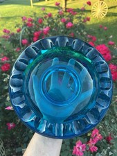 Vintage Blue/aqua Glass Ashtray Scalloped Rim Mid Century Heavy Pressed Glass picture