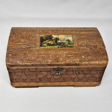 Vtg Cedar Wood Mirrored Footed Pictured Box Dogwood Flowers Carved Hinged 10”x6