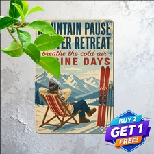 Relaxing Skier On Sundeck Tin Sign Alpine Chalet Resort Metal Wall Decor picture