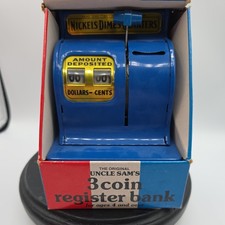 Vintage Uncle Sam's 3 Coin Register Bank Blue Western Stamping Original Box picture