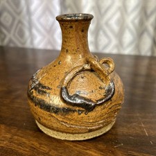 Art Studio Pottery Small Brown Bud Vase Rope Hand Made Signed 4” High picture