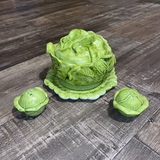 VTg 1970s Holland Mold Ceramic Cabbage Serving Dish W/ Salt & Pepper Shakers picture