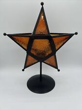 Moravian Stamped Glass Star Shaped Tea Lite Candle Holder- Gold/ Orange picture