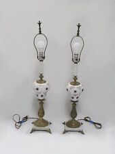 PAIR OF BOHEMIAN ENAMELED & GILDED WHITE CUT TO CRANBERRY GLASS LAMPS picture