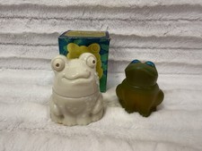 Vtg AVON Enchanted Frog Milk Glass Cream Sachet Jar And Emerald Prince 1970s picture