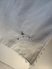 Antique Hand Embroidered White Tea Cloth Tablecloth Lace Cutwork Square 37x35” picture