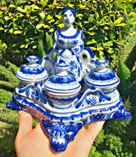 Vintage Gzhel Russian Hostess Spice Jar Set Hand-Painted Porcelain Stamped picture