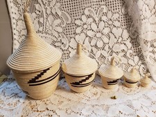 Rare Vintage Authentic Nesting Baskets w/lids from AFRICA ~ Handmade w/Tiny Pin picture