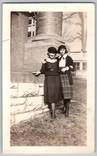 Vtg B&W Snapshot Two Flapper Fashion Women Berets Plaid Skirt Column 1920s picture