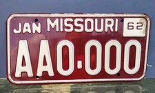 1962 Missouri Sample License Plate Red & White picture