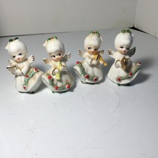 VTG Taiwan Painted Ceramic Set 4 Choir Angel Girl Instruments MCM  picture
