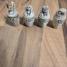 Egyptian Canopic Jar Figurines Lot 4 Beige Small Resin Style Mummy Tomb Decor picture