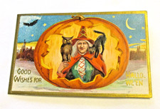 Rare Antique Halloween Postcard with Witch, Black Cat, Owl Embossed Unused 1909 picture