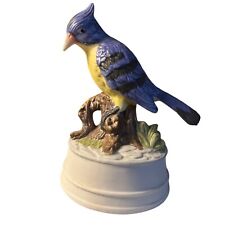 Vtg Bisque Ceramic Flambro Blue Jay On Stump Figurine Music Box (Needs work) picture