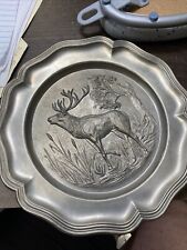 Vintage German Zinn Pewter Wall Plate Hunting Stag 10 Point - Scalloped picture