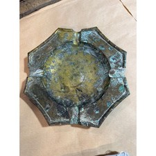Vintage PWF Solid Brass Ashtray Octagon Star Made in India Heavy Patina 7.5 Inch picture