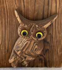 Carved Wood Owl Bookends Glass Eyes Metal Stand 5x5 Inch MCM Boho Nature 1960s picture