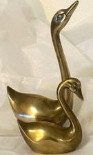 Vintage pair of MCM solid brass swan figurines 4” & 8.5”  picture