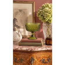Vintage 1978 FTD Green Glass Pedestal Compote Candy Dish Catch All Centerpiece picture