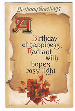 Birthday Greetings Embossed Postcard Script Scroll Maple 1910 picture