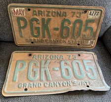 2 Vintage 1973 Matching Pair Arizona License Plate Yellow & Green picture