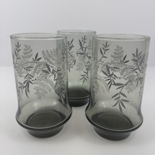 Vintage Smoky Gray Etched Glass Tumblers Set of 3 Fern Leaf 6.25” Mid-Century picture