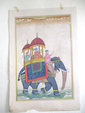 ANTIQUE MINIATURE PAINTING OF KINGS PROCESSION ON ELEPHANT 1900'S . picture