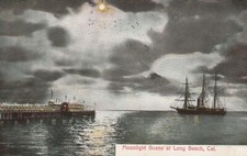 1908 Long Beach Cal. Post Mk. Moonlight Scene , Pier, Three Mast Schooner, a698 picture