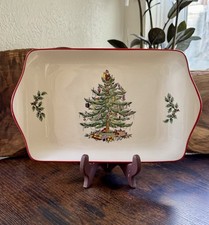 Spode Christmas Tree Serving Tray Red Trim Holiday Platter 11.75” England picture