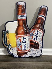 Vintage Budweiser Bud Dry Die Cut Tin Sign Beer Bottle & Mug Breweriana picture