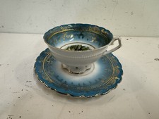 Vintage Blue And Gold Porcelain Cup & Saucer with Scenic Handpainted River Dec. picture