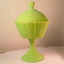 Fenton Custard Glass Paneled Daisy Covered Candy Dish Compote Uranium Glow UV picture